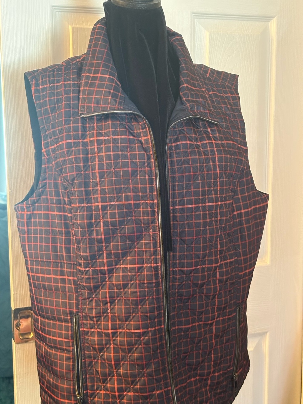 Womens Quilted Navy and Orange Red Plaid Zip-Up Vest